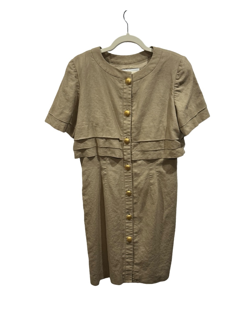 ⚜️ Saks Fifth Avenue Beige Tiered Front-Button Midi Dress with Gold Buttons ⚜️